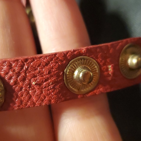 Gold Spiral Earrings and Red Faux Leather Studded Bracelet Set - Picture 10 of 12